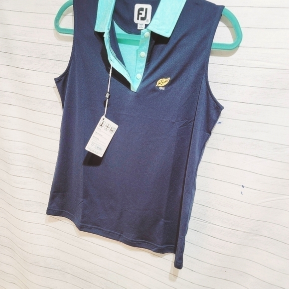 FOOTJOY SLEEVELESS JACQUARD BACK GOLF POLO SZ SMALL NAVY & AQUA - Picture 2 of 15